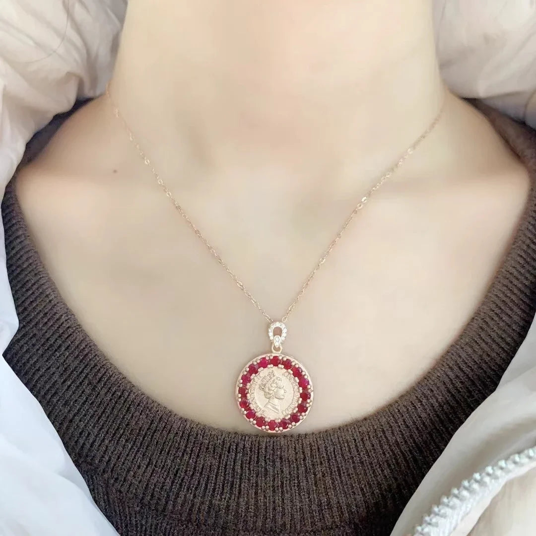 Vintage Sterling Silver Queen Pendant with 3mm Natural Ruby 18K Gold Plated 925 Silver Ruby Necklace Pendant