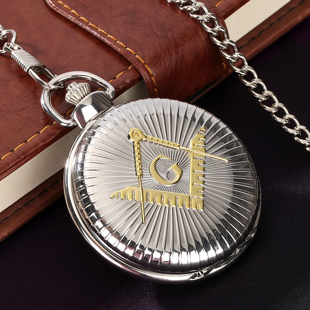 Steampunk Bronze/Gold Freemason Symbol Quartz Pocket Watch Fob Chain Pendant Clock High Grade Antique Pocket Timepiece Gifts