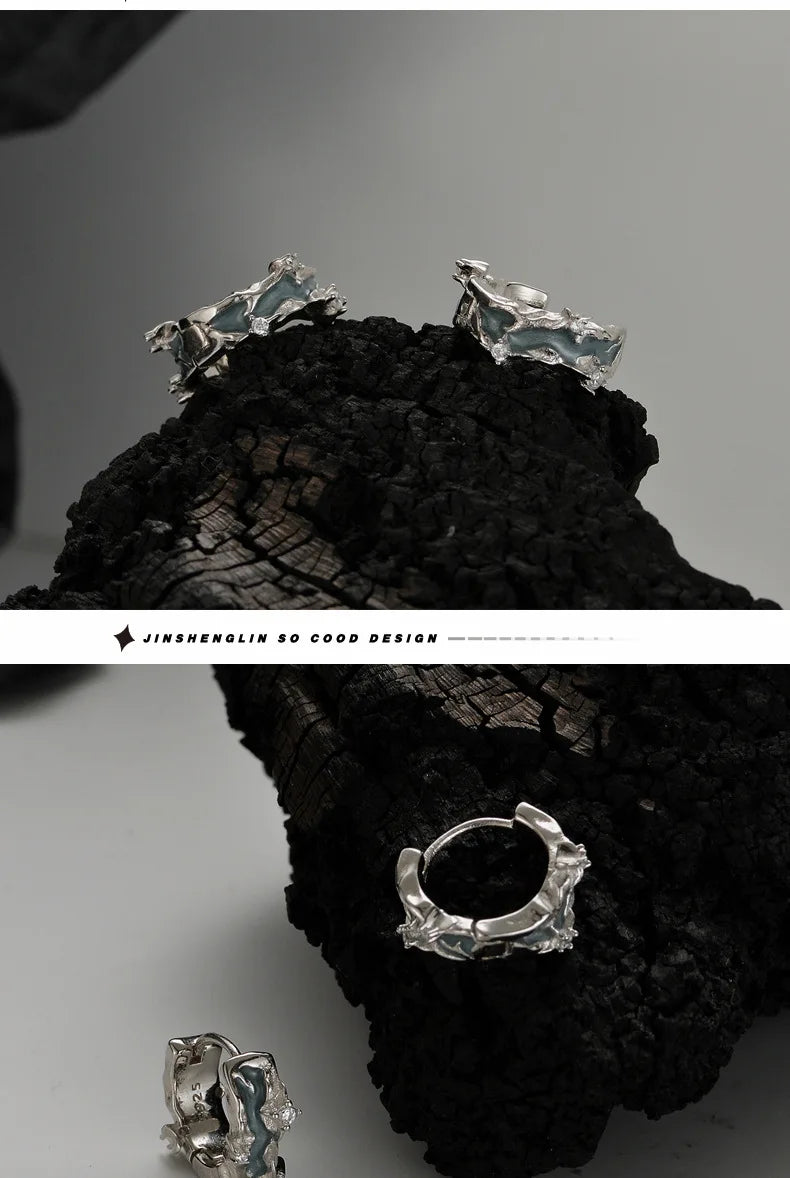 F.I.N.S S925 Sterling Silver Irregular Shaped Hoop Earrings Enamel Zircon Small Piercing Ear Buckles Retro Old Fine Jewelry