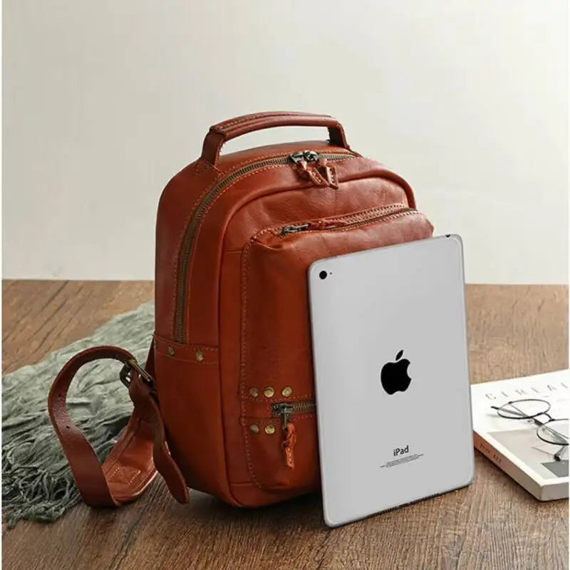 MOTAORA Retro Cowhide Backpack for Women & Men - Luxury Large Capacity Travel Bag with YKK Zippers and Copper Rivet Accents NEW