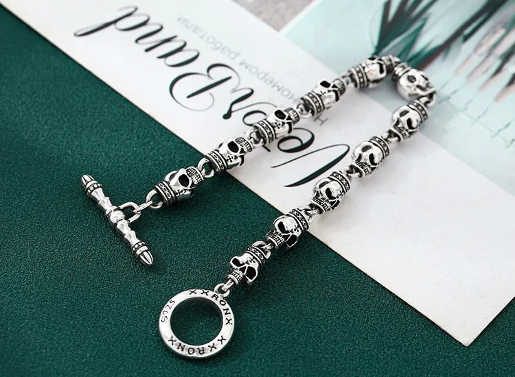 S925 sterling silver bracelet men thick skull heavy industry thai silver retro distressed punk trendystylish jewelry