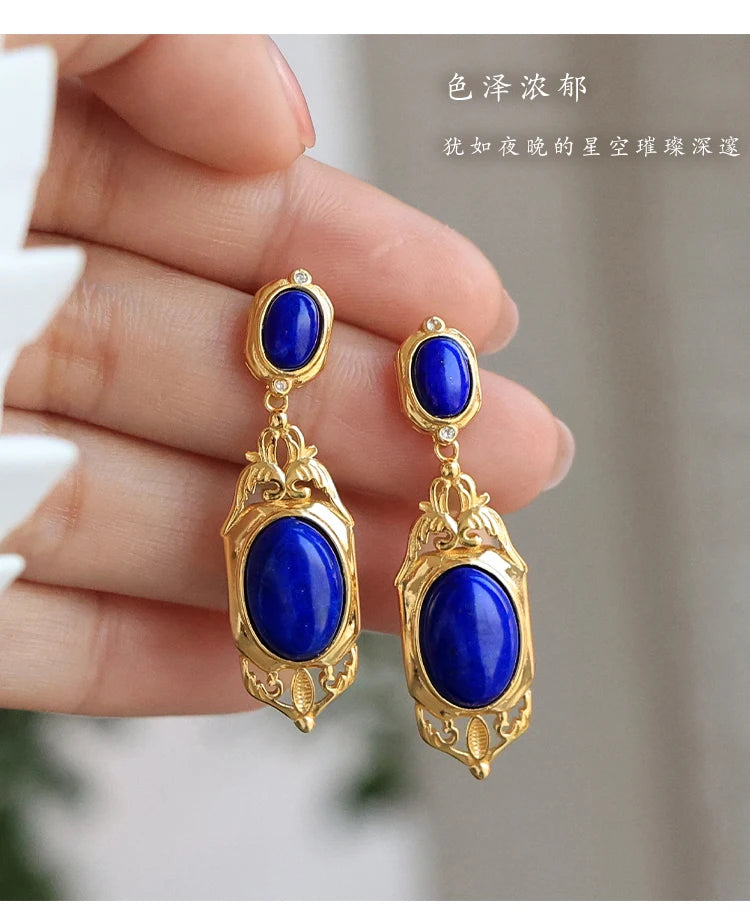 Natural Lapis Lazuli Earrings S925 Sterling Silver Gold-plated Retro French High-end Niche Blue Classical Earrings