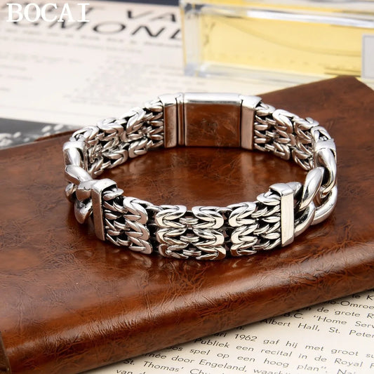 BOCAI NEW S925 Sterling Silver Vintage Personality Peace Pattern Buckle Men's Bracelet