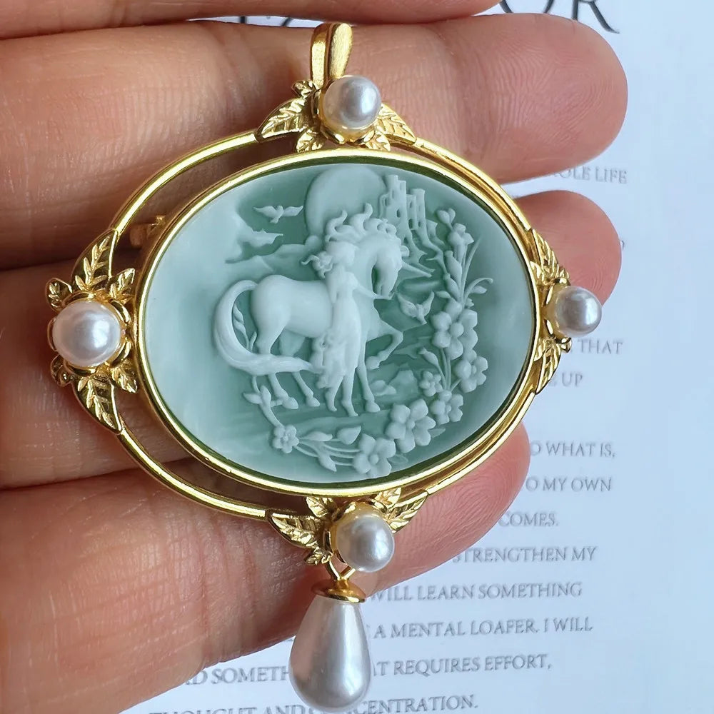 925 Sterling Silver Cameo Charms & Pendant Natural Agate Horse Pendant for Jewelry Making