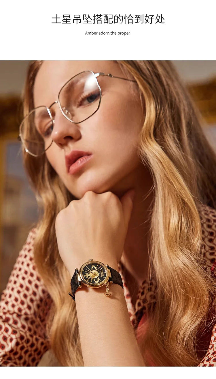 Vivienne Westwood Saturn Pendant Fashionable Exquisite Black Leather Strap Ladies' Watch