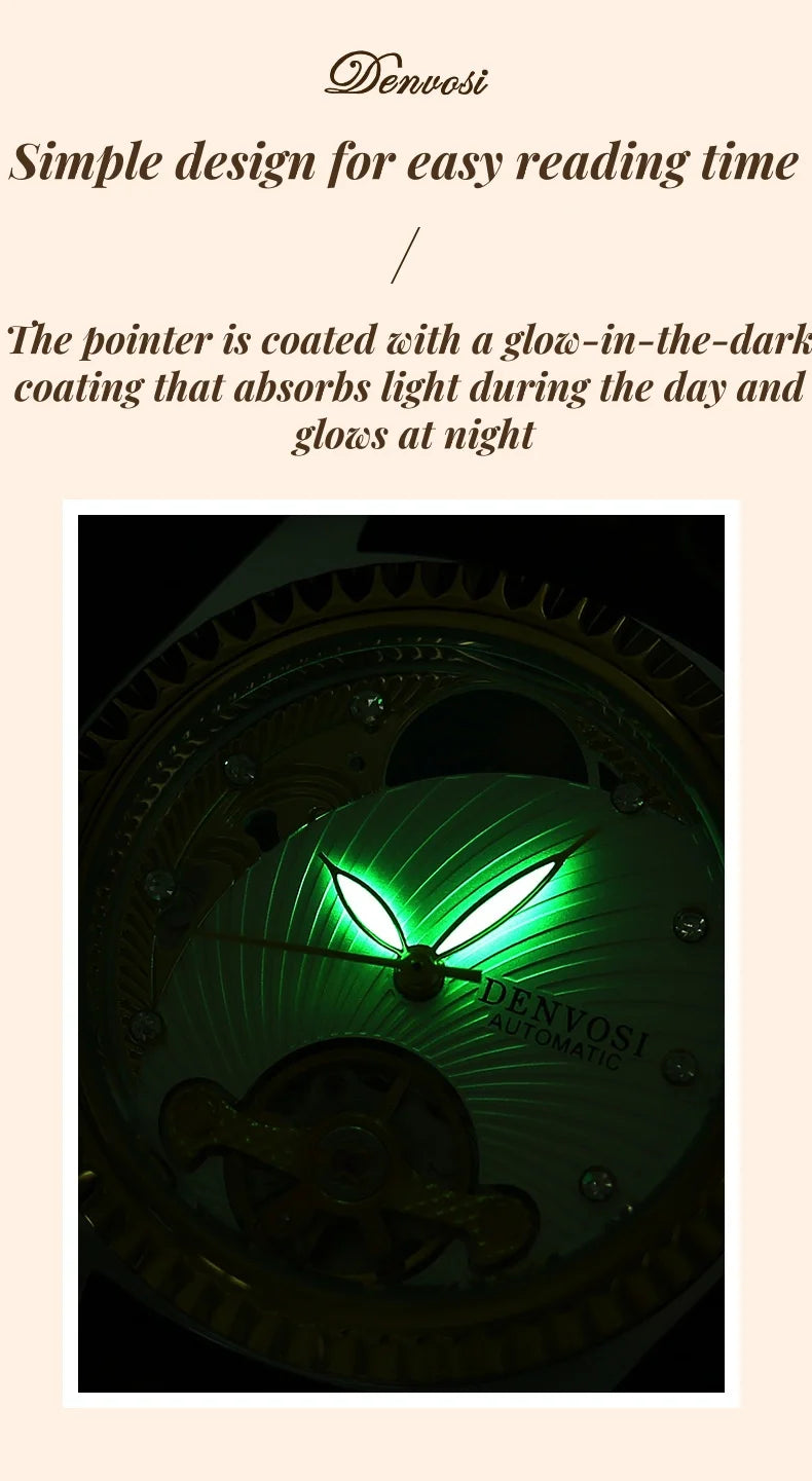 Ladies Flywheel double hollowed luxury fashion casual luminous leather watch with automatic mechanical waterproof wristwatch