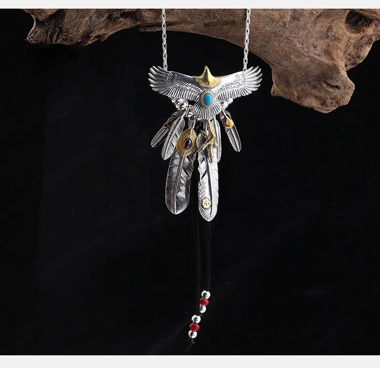 S925 Silver Bridge Feather Eagle Indian Trendy Necklace Female Sweater Chain Hip Hop Men's Pendant
