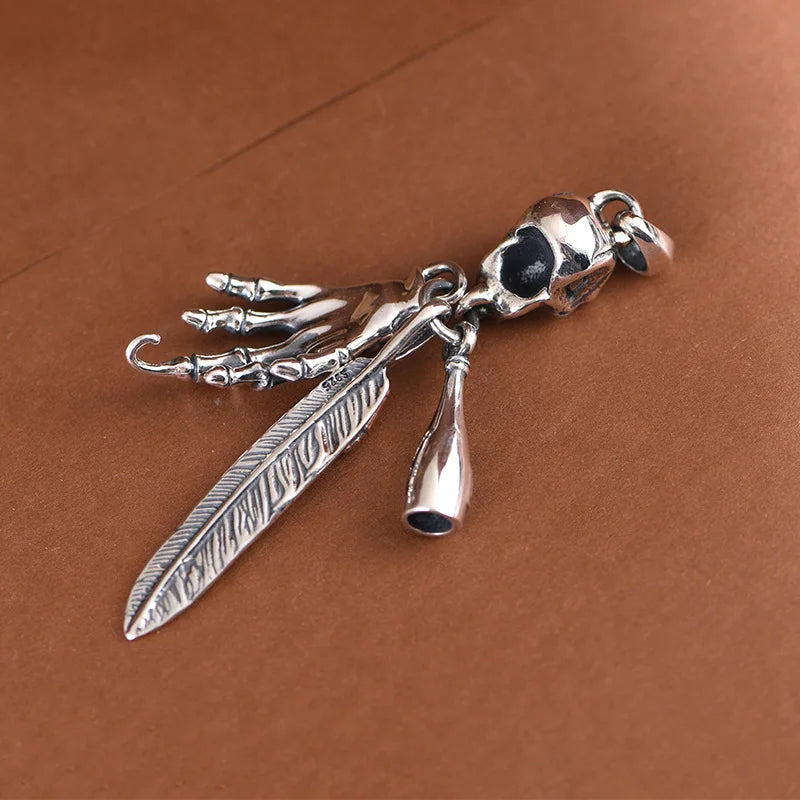 BOCAI New S925 Silver Retro Personalized Trendy Hip Hop Skull Feather Bone Claw Bowling Bottle Men's Pendant