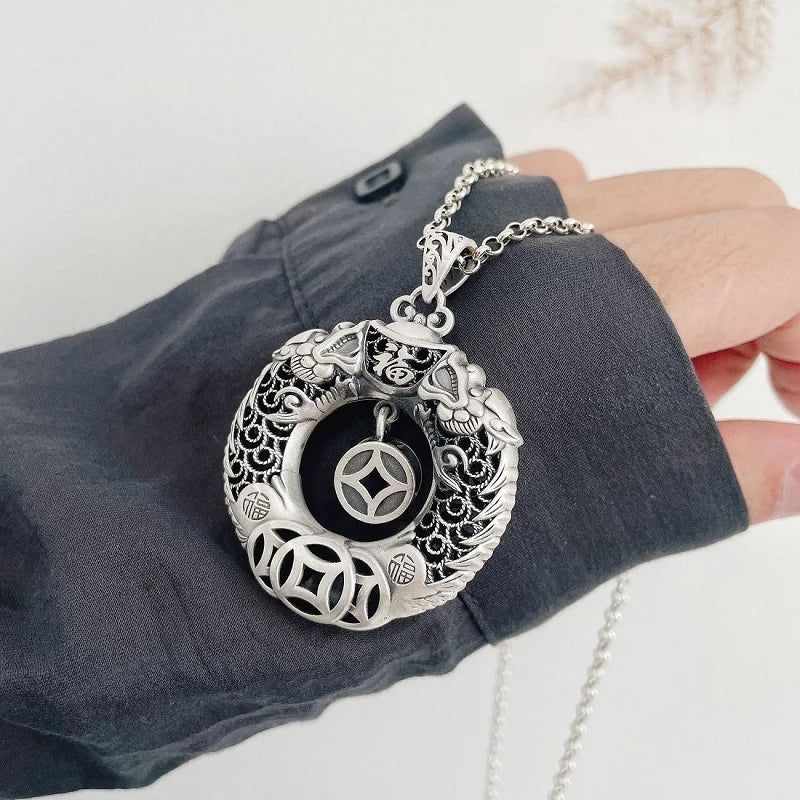 Real S999 Sterling Silver Retro Lucky Double Dragons Pendant For Men Women Chinese Style Fortune Dragon Round Chain Pendant