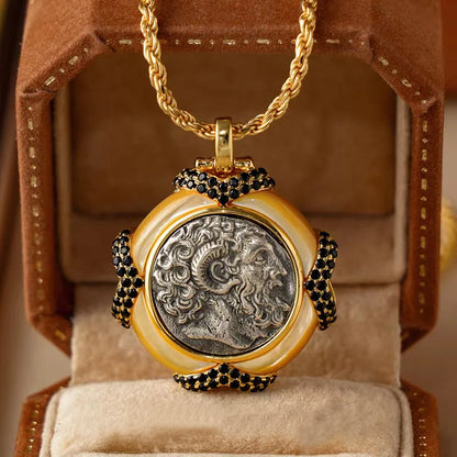 s925Silver Plated Ancient Greek Horn Emperor Ancient Coin Necklace Pendant Replica God King Zeus Heavy Craft Inlaid Mother-of-Pe