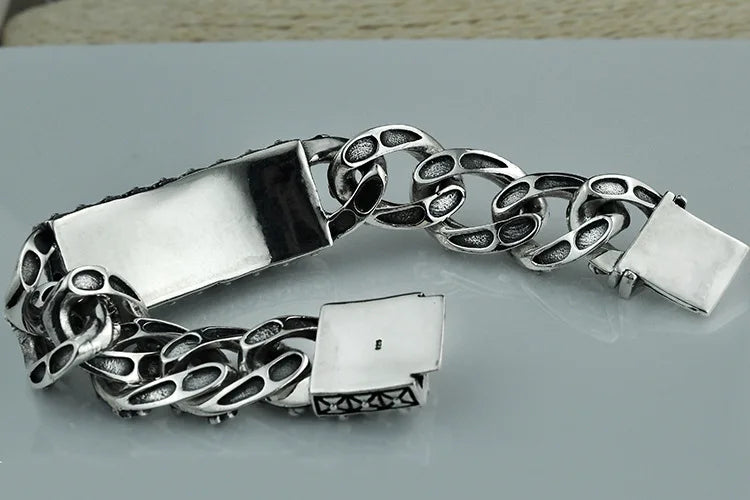 Unibabe Pure Silver Sterling 925 Silver Vintage Skull Carved Chain & Link Lock S925 Bracelet
