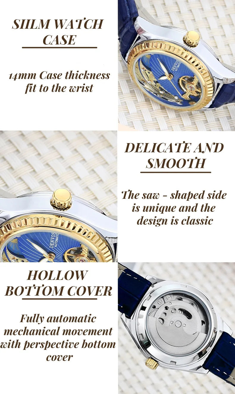 Ladies Flywheel double hollowed luxury fashion casual luminous leather watch with automatic mechanical waterproof wristwatch