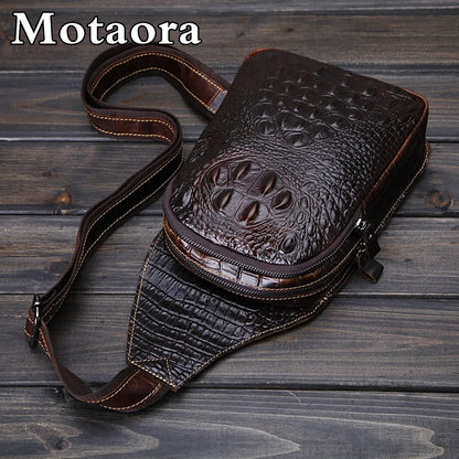 Men's Genuine Leather Crossbody Bag Vintage Crocodile Embossed Luxury Shoulder Bag Chest Bag Designer Adjustable Strap Zipper