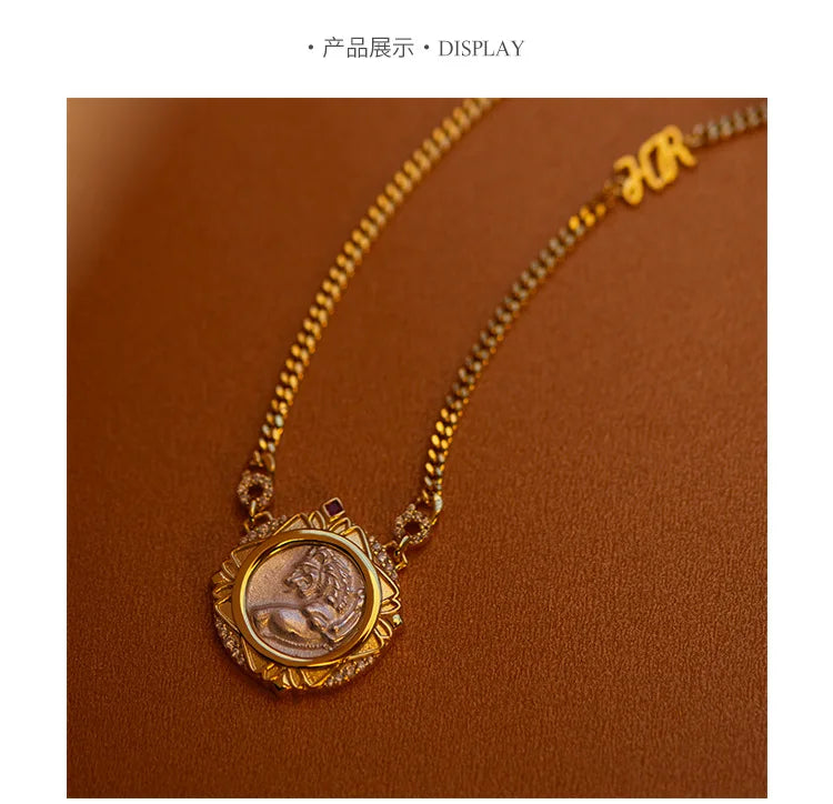 Retro Sterling Silver Necklace For Women's 925 Silver Electroplated 18K Gold Lion Red Treasure Ancient Coin Necklace