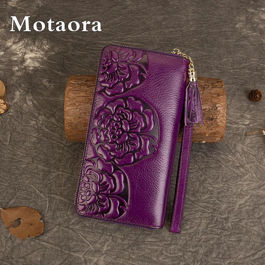 MOTAORA 2025 New Vintage Women's Leather Wallet 3D Floral Clutch Bag First Layer Cowhide Zipper Genuine Leather Ladies Purse