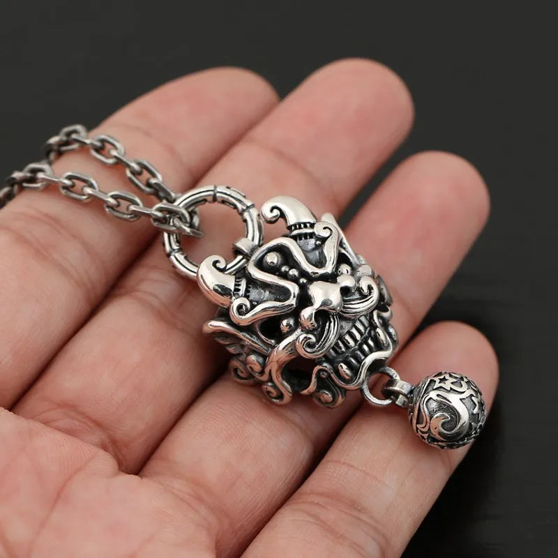 BOCAI New  Pure S925 Silver Vintage Thai Chinese Style Tang Lion Bell Pendant for Man Good Luck Jewelry Accessories