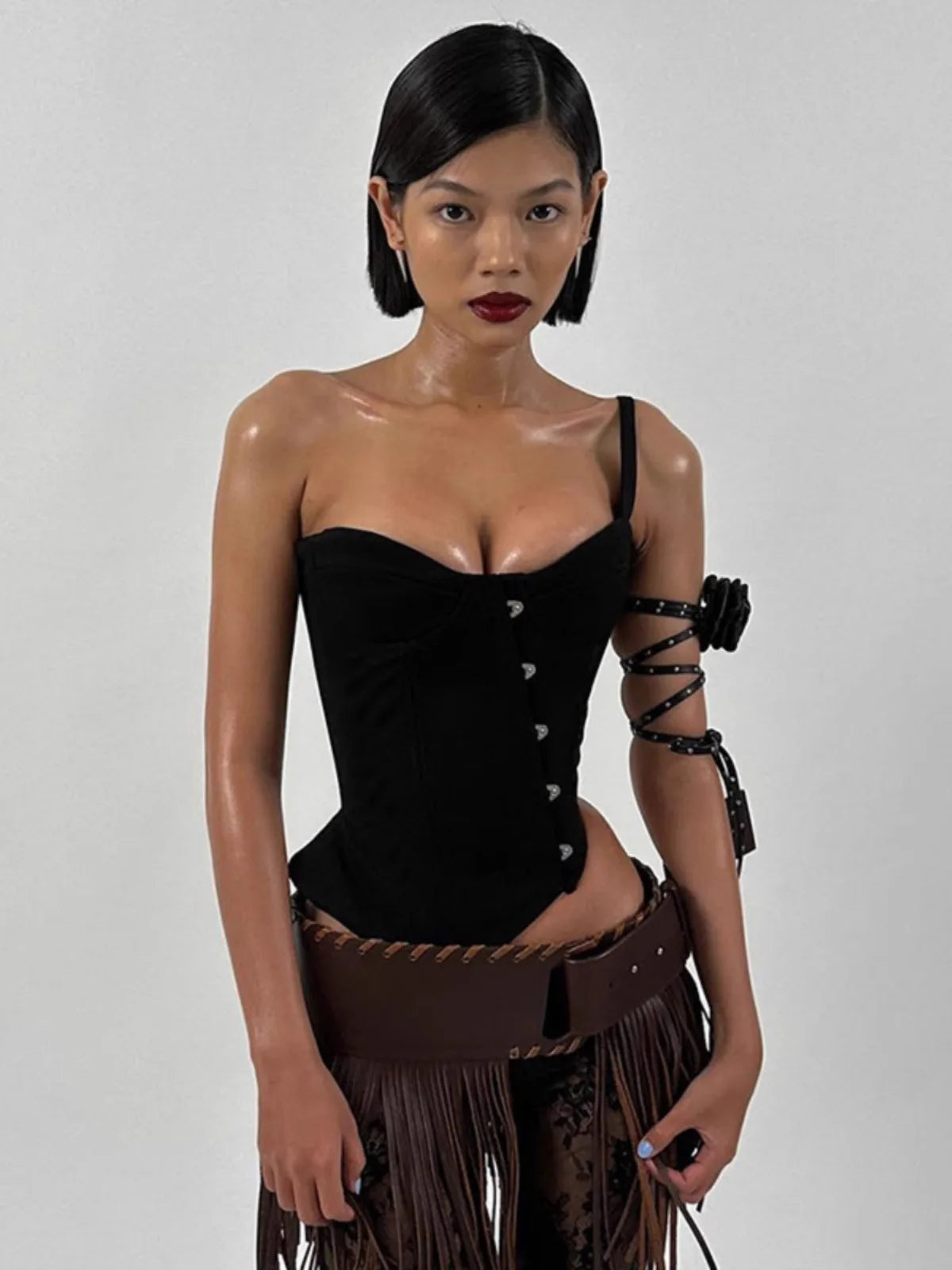 Punk Ladies Tassel Wide Belt Pu Brown Trendy Decorative Belt Nightclub Hot Girl Y2k Personality Motorcycle Trendy Belt