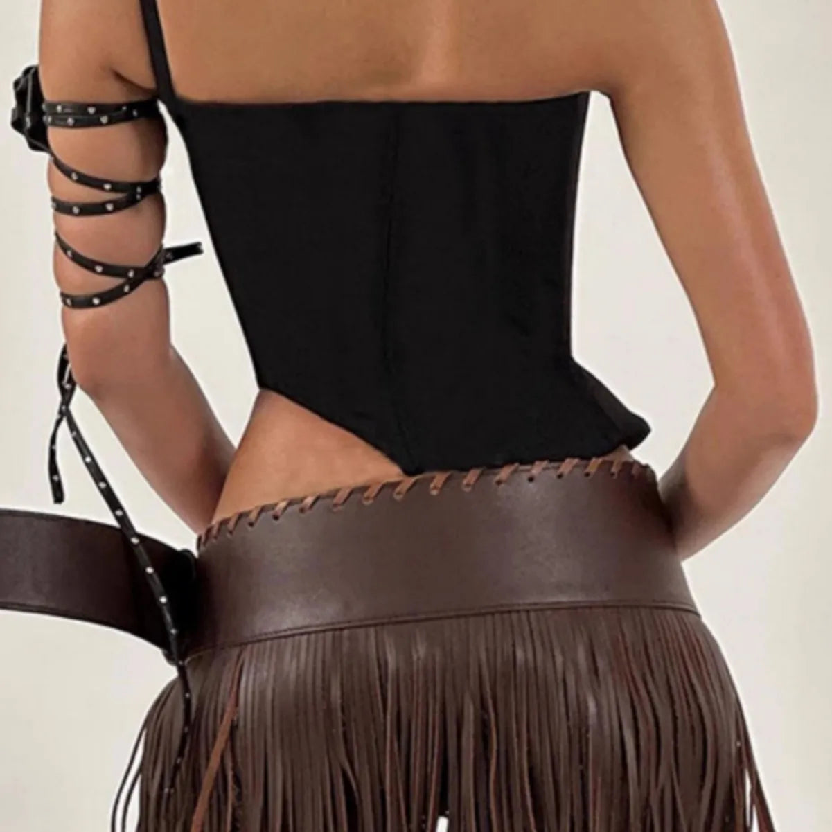 Punk Ladies Tassel Wide Belt Pu Brown Trendy Decorative Belt Nightclub Hot Girl Y2k Personality Motorcycle Trendy Belt