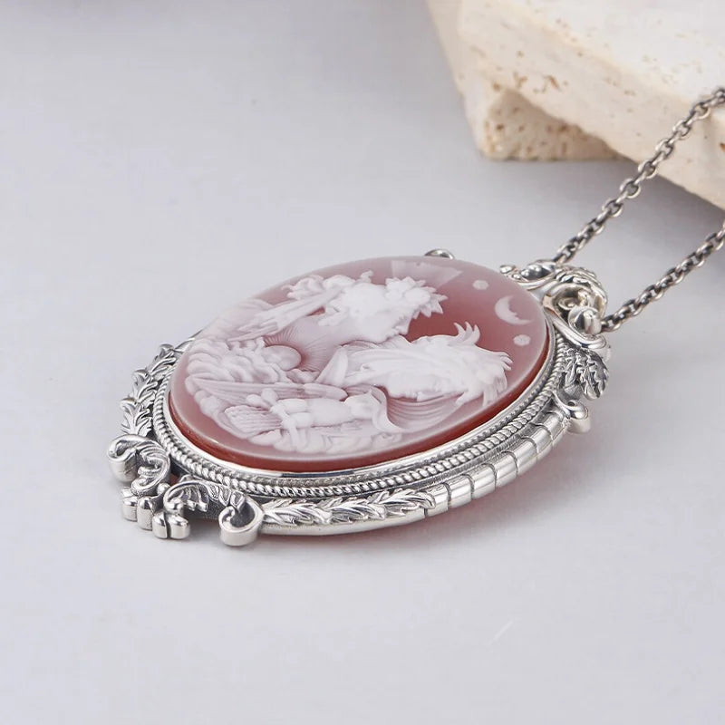 S925 Sterling Silver Charms Pendant for Women Palace Style Pattern Inlaid Red Agate Goddess Head Sculpture Jewelry Wholesale