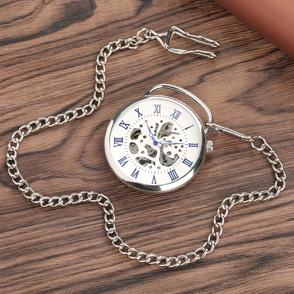 Open Face Blue Roman Numerals Display Mechanical Hand Winding Pocket Watch Silver Transparent Skeleton Pendant Antique Clock