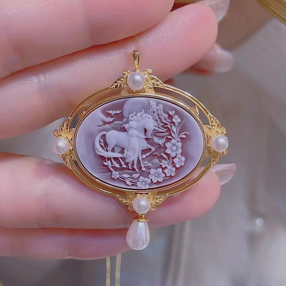 925 Sterling Silver Cameo Charms & Pendant Natural Agate Horse Pendant for Jewelry Making