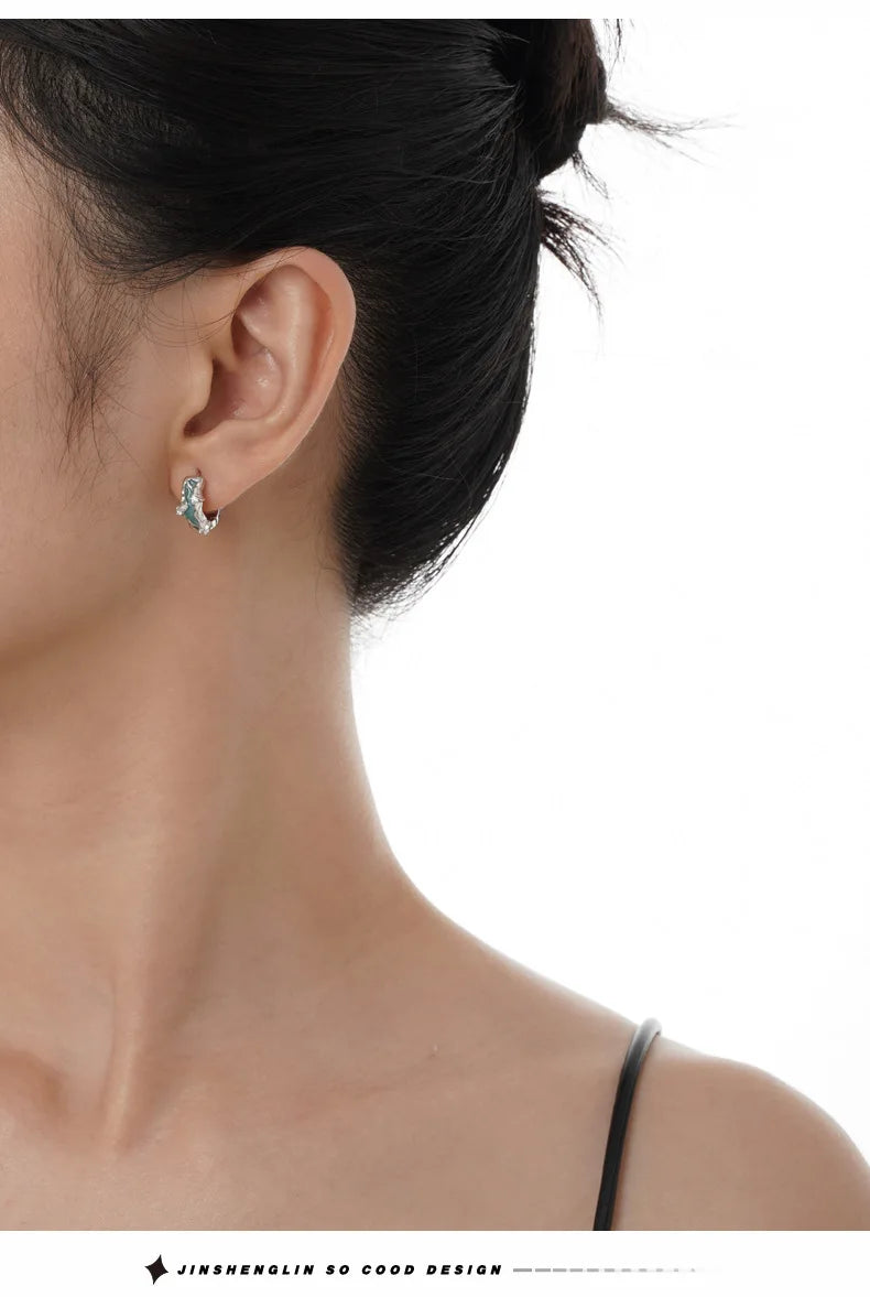 F.I.N.S S925 Sterling Silver Irregular Shaped Hoop Earrings Enamel Zircon Small Piercing Ear Buckles Retro Old Fine Jewelry