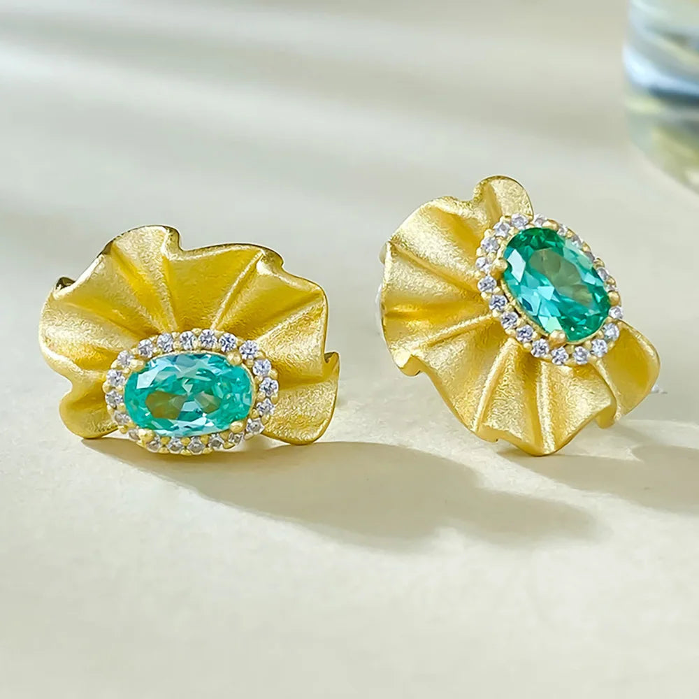 Retro 925 Sterling Silver Stud Earrings for Women with 4*6mm Green Paraiba Tourmaline Gemstone Wedding Party Fine Jewelry Gifts