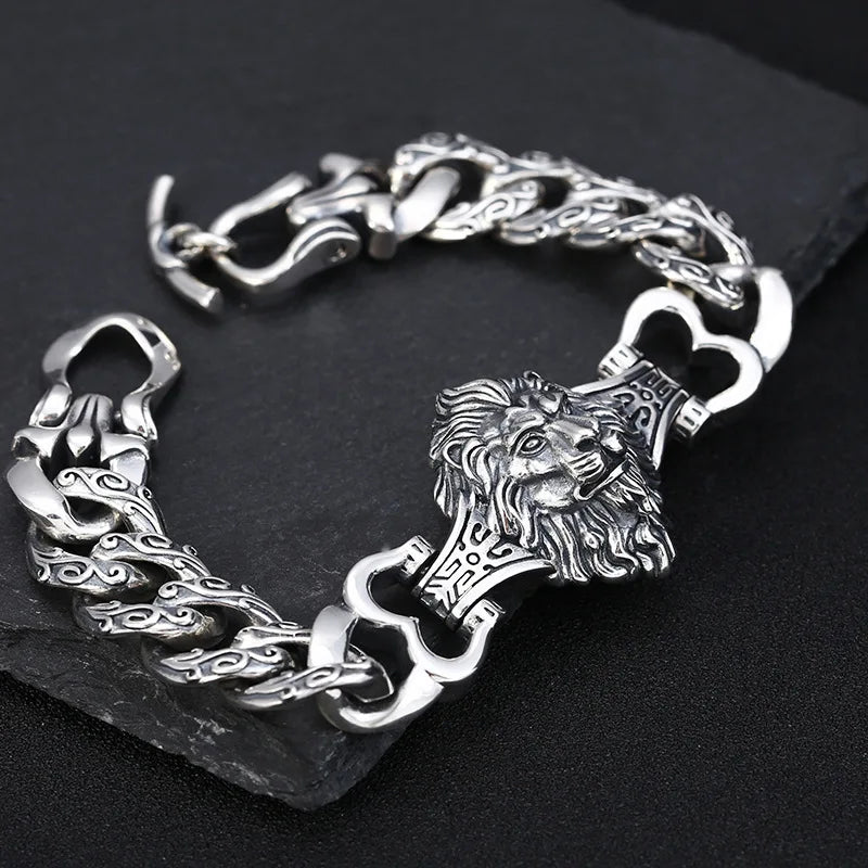 s925 sterling silver ornament retro personality all match trendy fashion Thai silver domineering lion's head bracelet for men