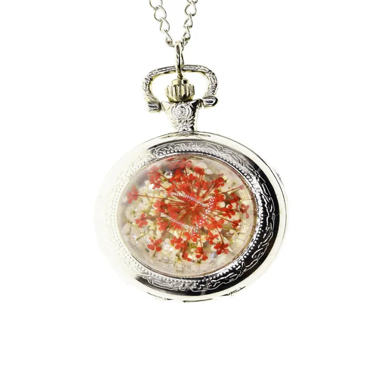 Fashionable Crystal Flower Style Antique Vintage Quartz Pocket Watch Round Case Pendant Necklace Chain Clock For Men Women