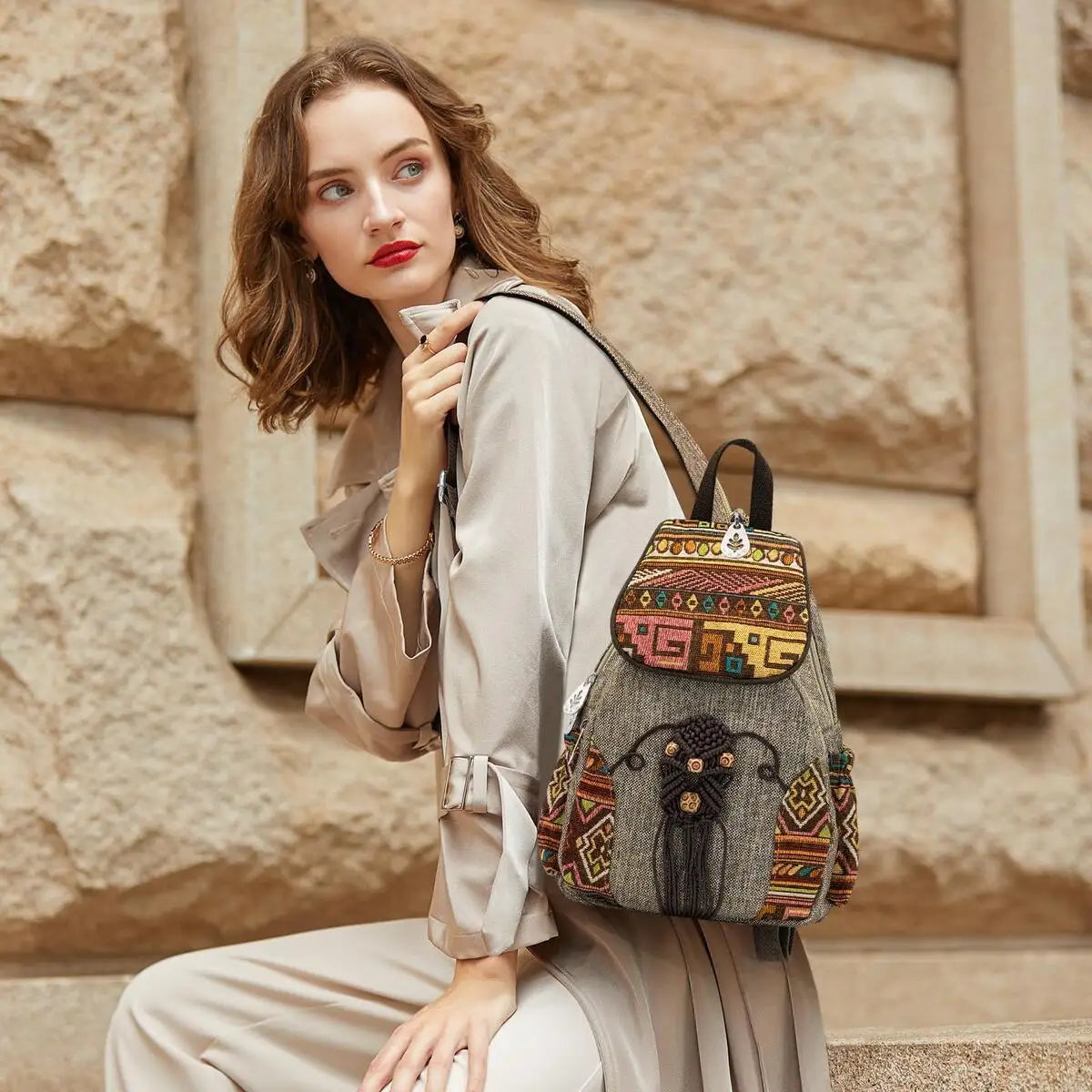 MOTAORA Handmade Women's Bohemian Backpack Vintage Canvas Mini Rucksack Ethnic Geometric Print Travel Casual Daypack Lightweight
