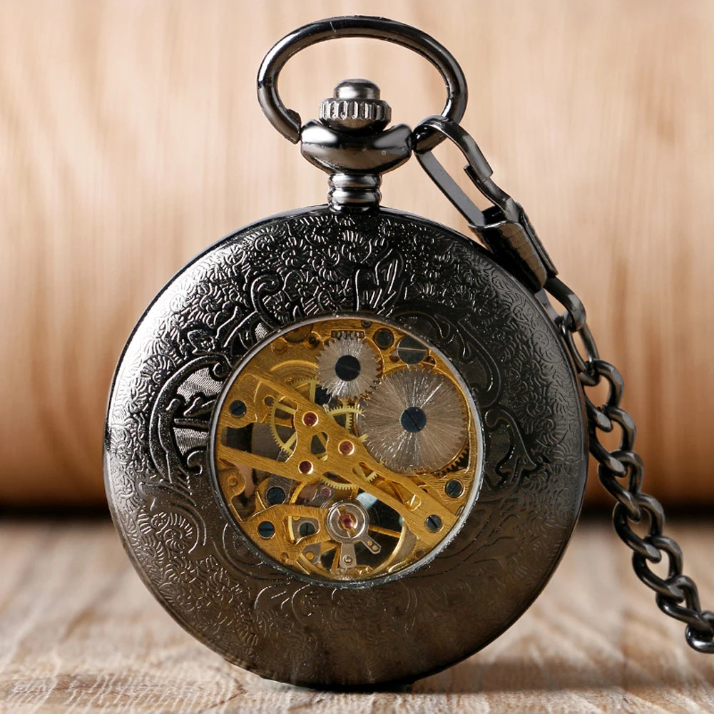 Men's Black Flower Green Dots Decor Mechanical Hand Winding Pocket Watch 30 cm Fob Chain Pendant Timepiece Antique Stylish Gift