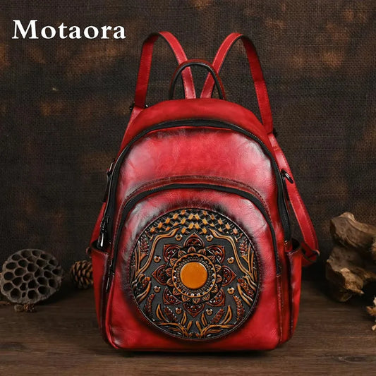 MOTAORA Vintage Leather Backpack Women Large Capacity Embossed Casual Travel Backpack Anti-Theft Waterproof Handbag Purse