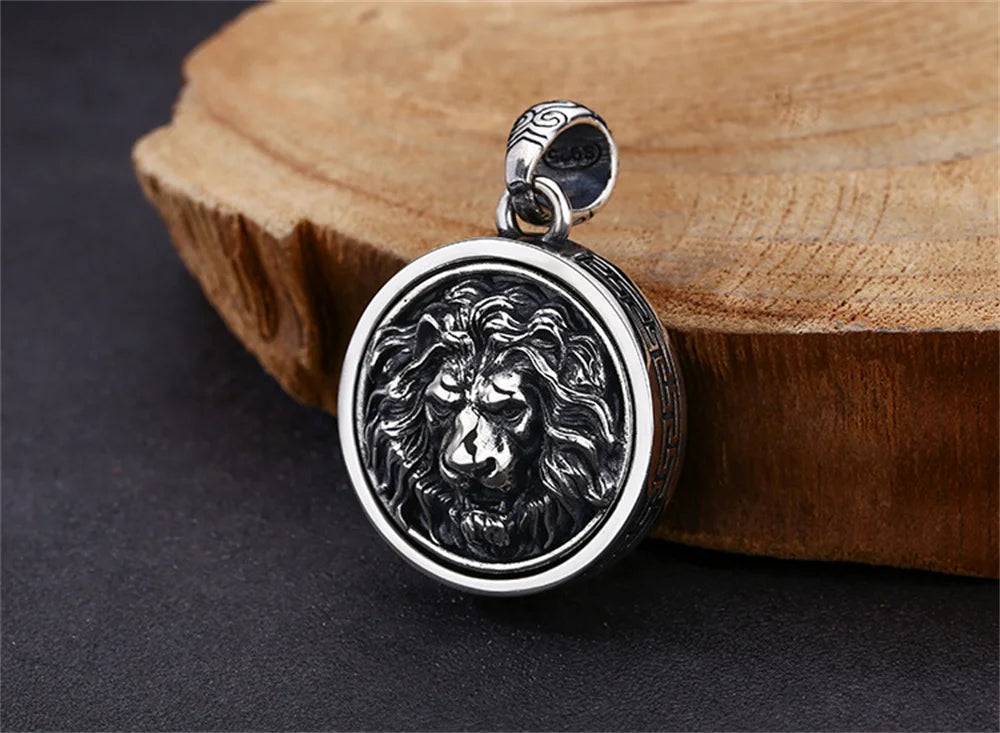 Genuine S925 Sterling Silver Charm Pendants for Women Men New Fashion Relief Lion Head Rotatable Vintage Punk Jewelry Wholesale