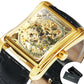 WINNER Classic Skeleton Mechanical Watches Rectangle Retro Gold Watch for Women Luxury Leather Strap Unisex Couple Wristwatches