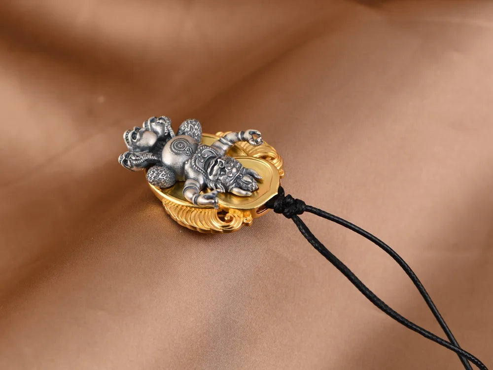 S925 Silver Pendant Necklace, Vintage Gold Flame Skull Men's Garuda Bird Chain, Gothic Statement Jewelry Gift for Men