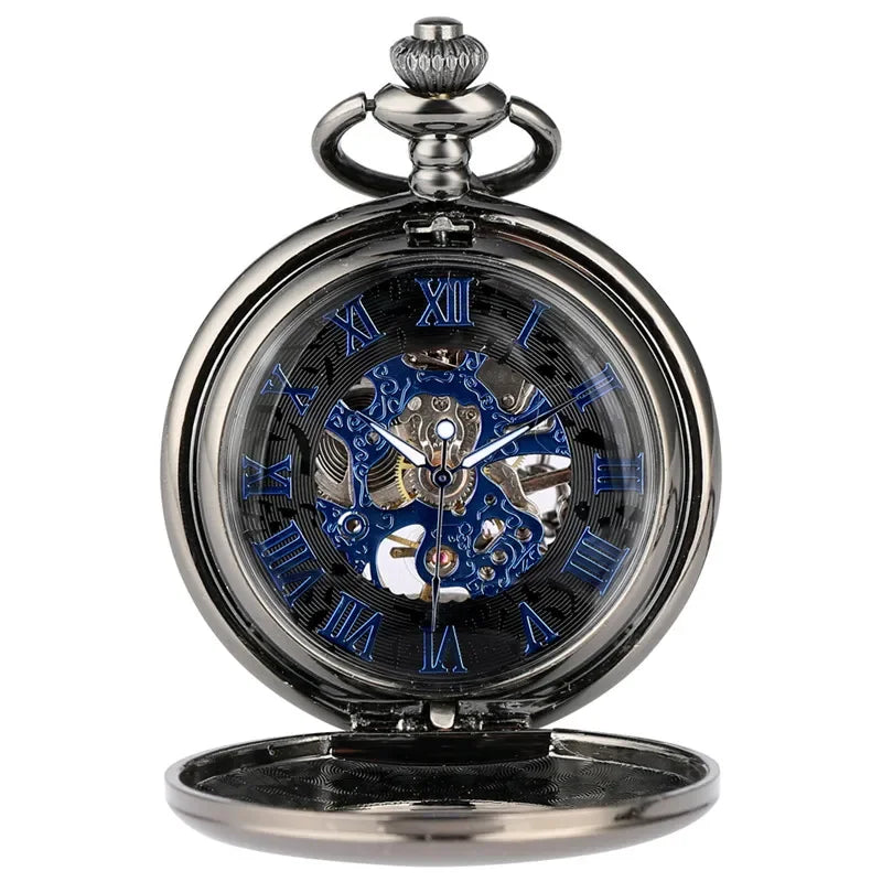 Antique Smooth Case Men Women Hand Winding Mechanical Pocket Watch Hollow-Out Case Roman Numeral Dial Pendant FOB Chain Gift