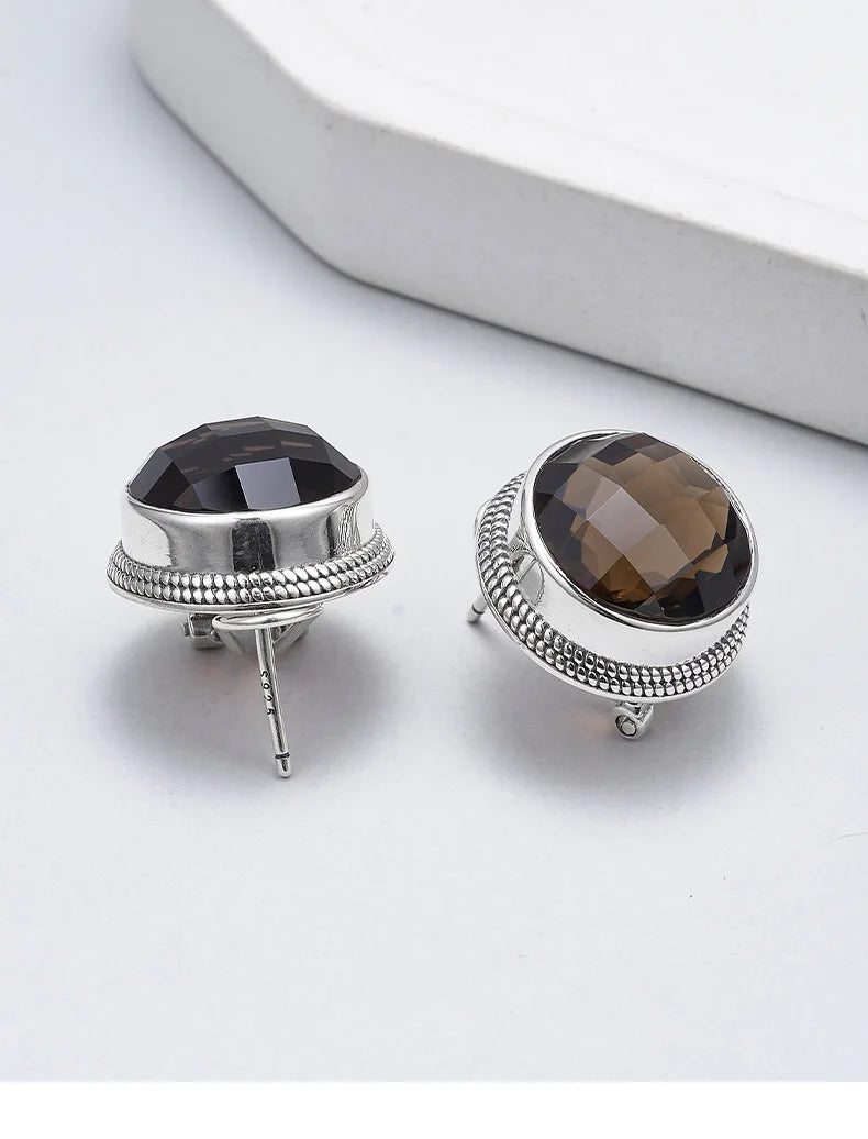 S925 Sterling Silver Studs Earring for Women Retro Edging Tangent Plane Smoky Quartz Ear Studs Fashion Classic Jewelry Wholesale