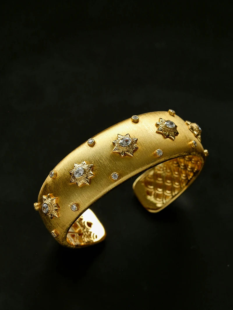 Italian Engraved Filigree Craft 925 Silver Diamond Inlaid Openable Bracelet Retro Light Luxury Wide Bangle