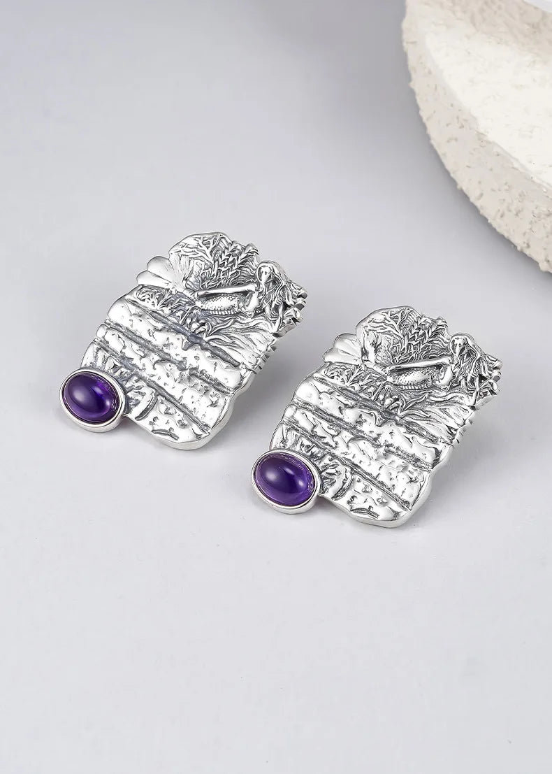 S925 Sterling Silver Stud Earrings for Women Mermaid Retro Texture Geometric Pattern Inlaid Amethyst Ear Stud Jewelry Wholesale