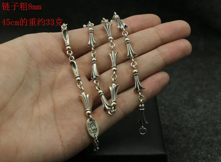 Punk hip hop925 sterling silver necklace military flower silver chain men and women trendysweater chain thai silver fan necklace