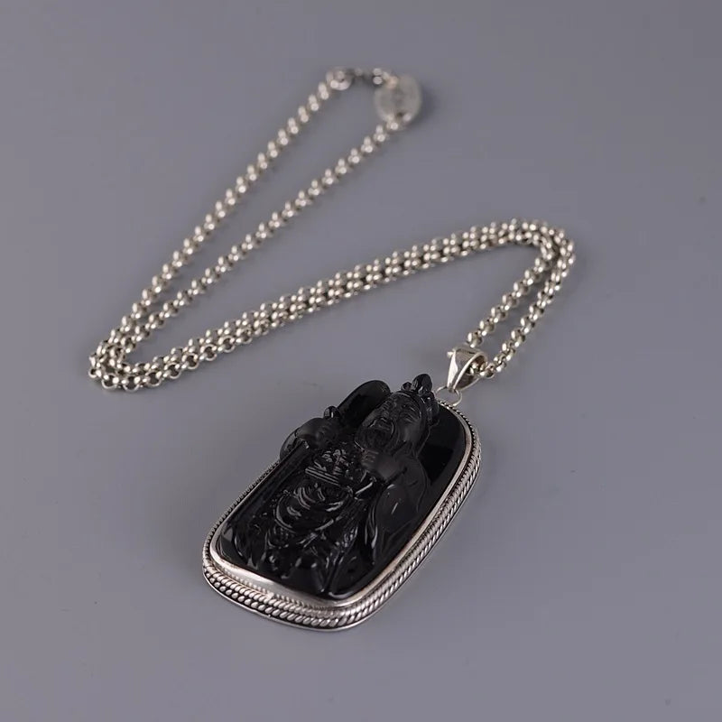General Guan Gong Pendant Necklace Obsidian, S925 Silver Ethnic Vintage Inlaid Jewelry