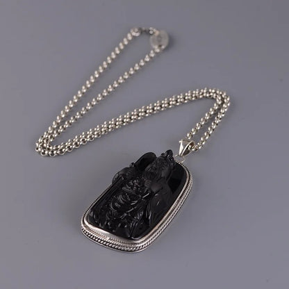 General Guan Gong Pendant Necklace Obsidian, S925 Silver Ethnic Vintage Inlaid Jewelry