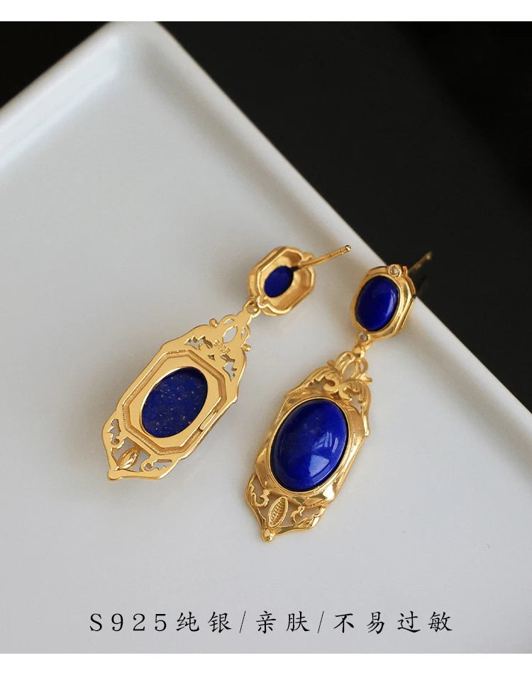 Natural Lapis Lazuli Earrings S925 Sterling Silver Gold-plated Retro French High-end Niche Blue Classical Earrings