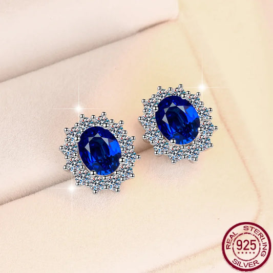 New blue sapphire earrings s925 pure silver sunflower ear jewelry set vintage high-end jewelry moissanite wedding jewelry