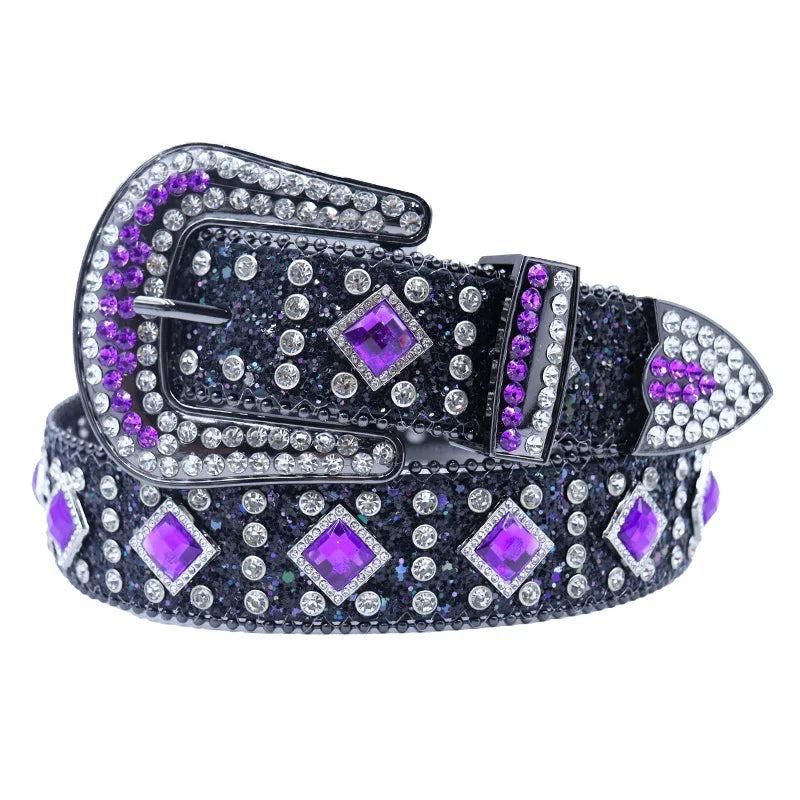 Silver Men Women Unisex Red Big AB Stones Western Cowboy Rhinestone Belt Studded Diamond Punk Belt