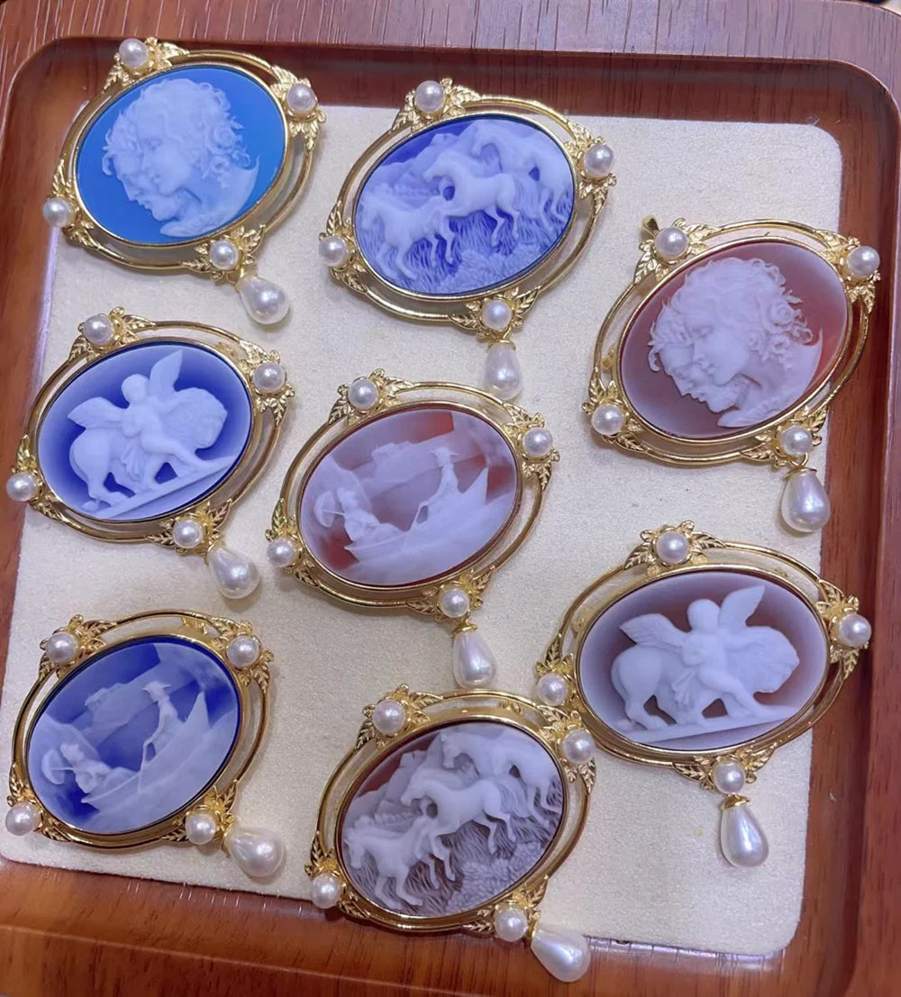 925 Sterling Silver Cameo Charms & Pendant Natural Agate Horse Pendant for Jewelry Making