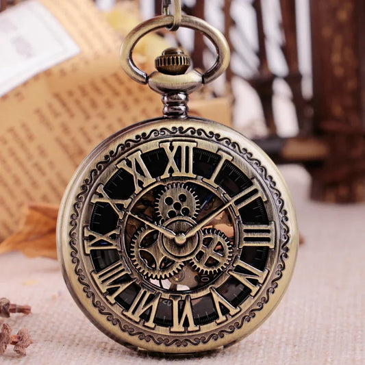 Antique Hollow Roman Number Gear Wheel Design Mechanical Pocket Watch Retro Pendant Clock Gifts for Men Women
