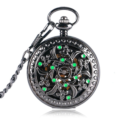Men's Black Flower Green Dots Decor Mechanical Hand Winding Pocket Watch 30 cm Fob Chain Pendant Timepiece Antique Stylish Gift