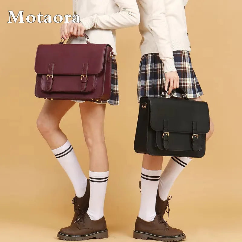 MOTAORA British Women Leather Handbag Men Laptop Briefcase Girls Leather School Backpacks Textbook Bags Boys Shoulder Bag