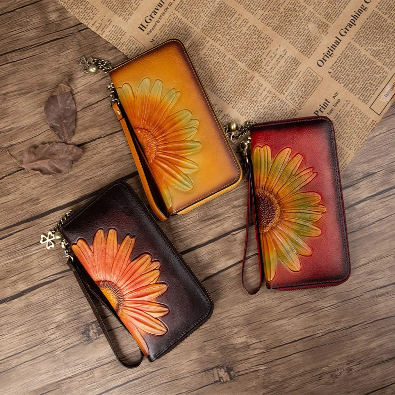 MOTAORA Women's Leather Wallet Handmade Cowhide Clutch Purse Long Zipper Card Holder Retro Painting First Layer Genuine bag